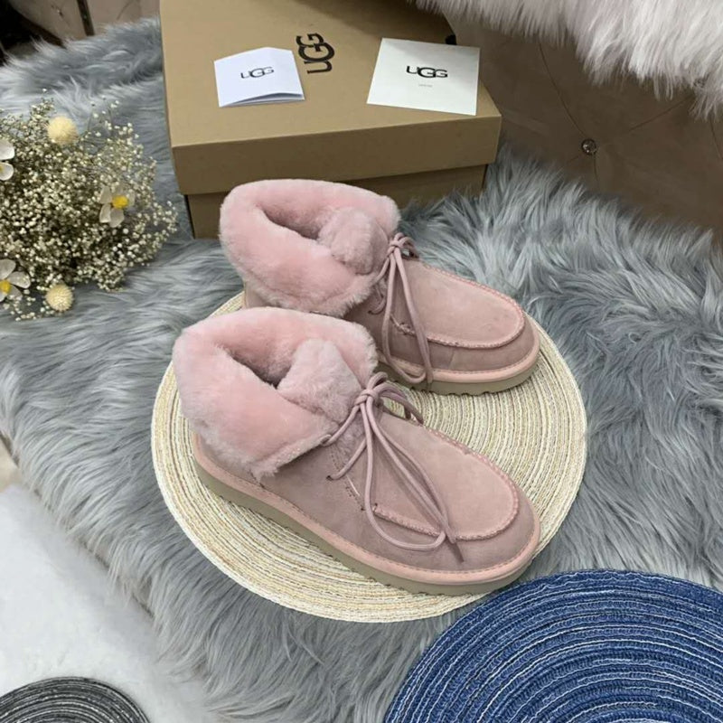 3090 Faux Fur Lace-Up Ankle Boots – Pink (In Stock)