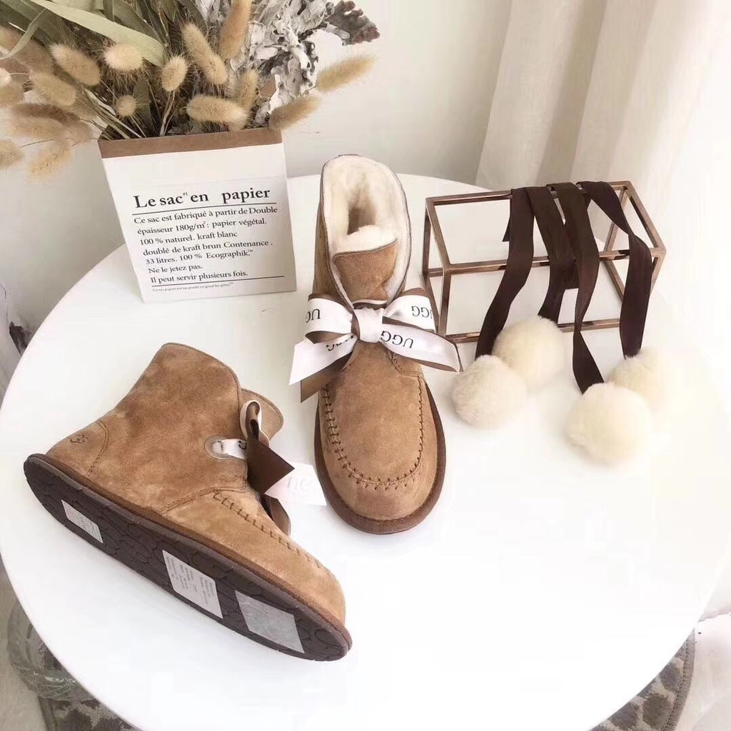 7541 New Pom-Pom Double Ribbon Shoes – 2-in-1 Style (Chestnut)