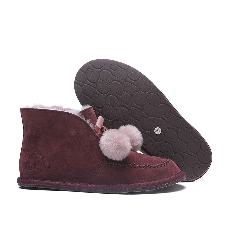 7541 New Pom-Pom Double Ribbon Shoes – 2-in-1 Style (Burgundy)