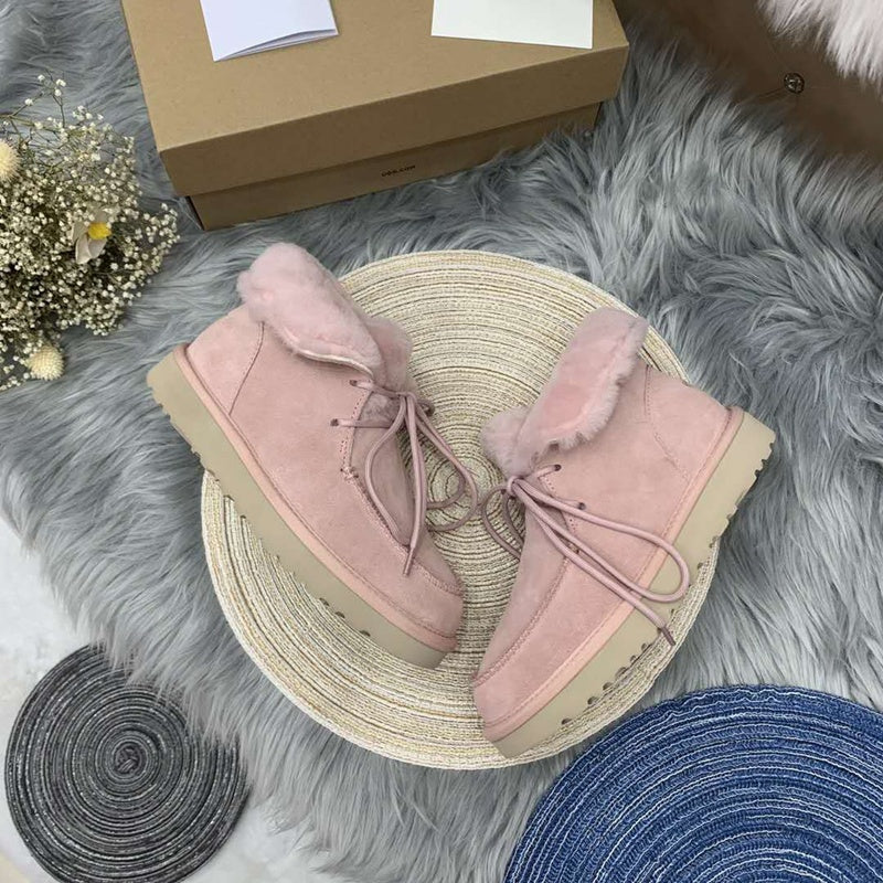 3090 Faux Fur Lace-Up Ankle Boots – Pink (In Stock)
