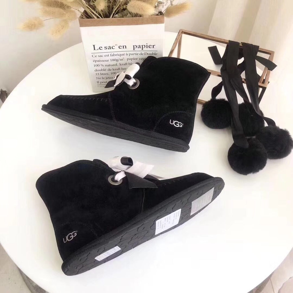 7541 New Pom-Pom Double Ribbon Shoes – 2-in-1 Style (Black)