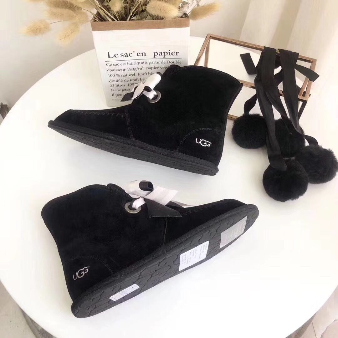 7541 New Pom-Pom Double Ribbon Shoes – 2-in-1 Style (Black)