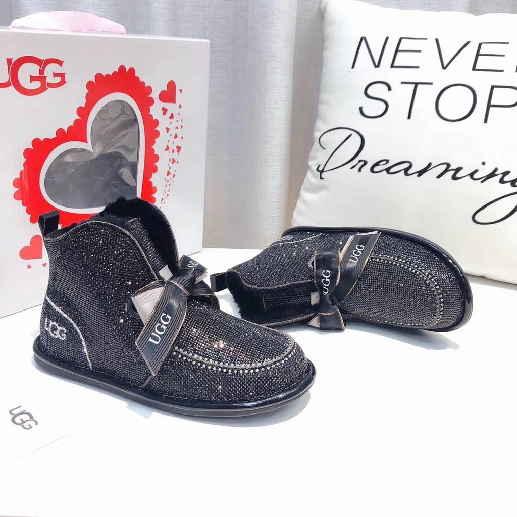 7589 Full Crystal Pom-Pom Ribbon 2-Way Boots – Black (In Stock)
