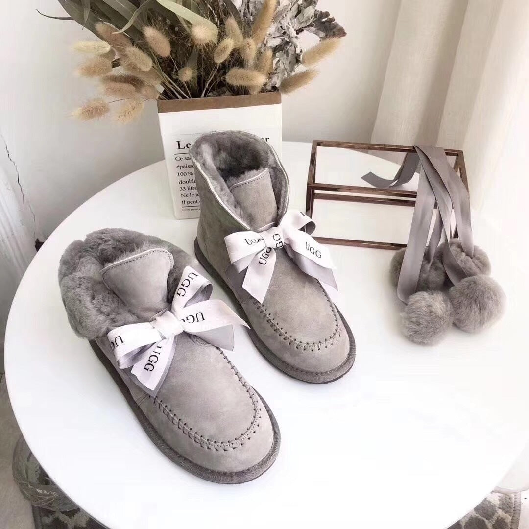 7541 New Pom-Pom Double Ribbon Shoes – 2-in-1 Style (Grey)