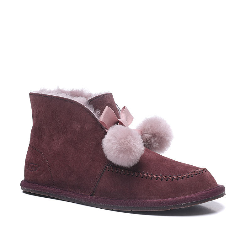 7541 New Pom-Pom Double Ribbon Shoes – 2-in-1 Style (Burgundy)