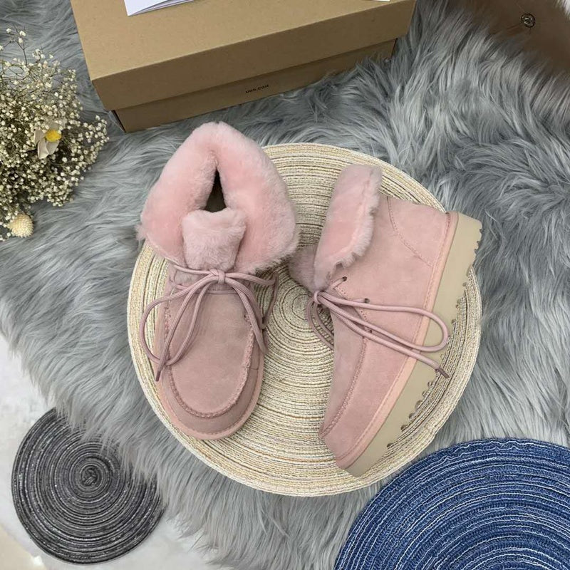 3090 Faux Fur Lace-Up Ankle Boots – Pink (In Stock)