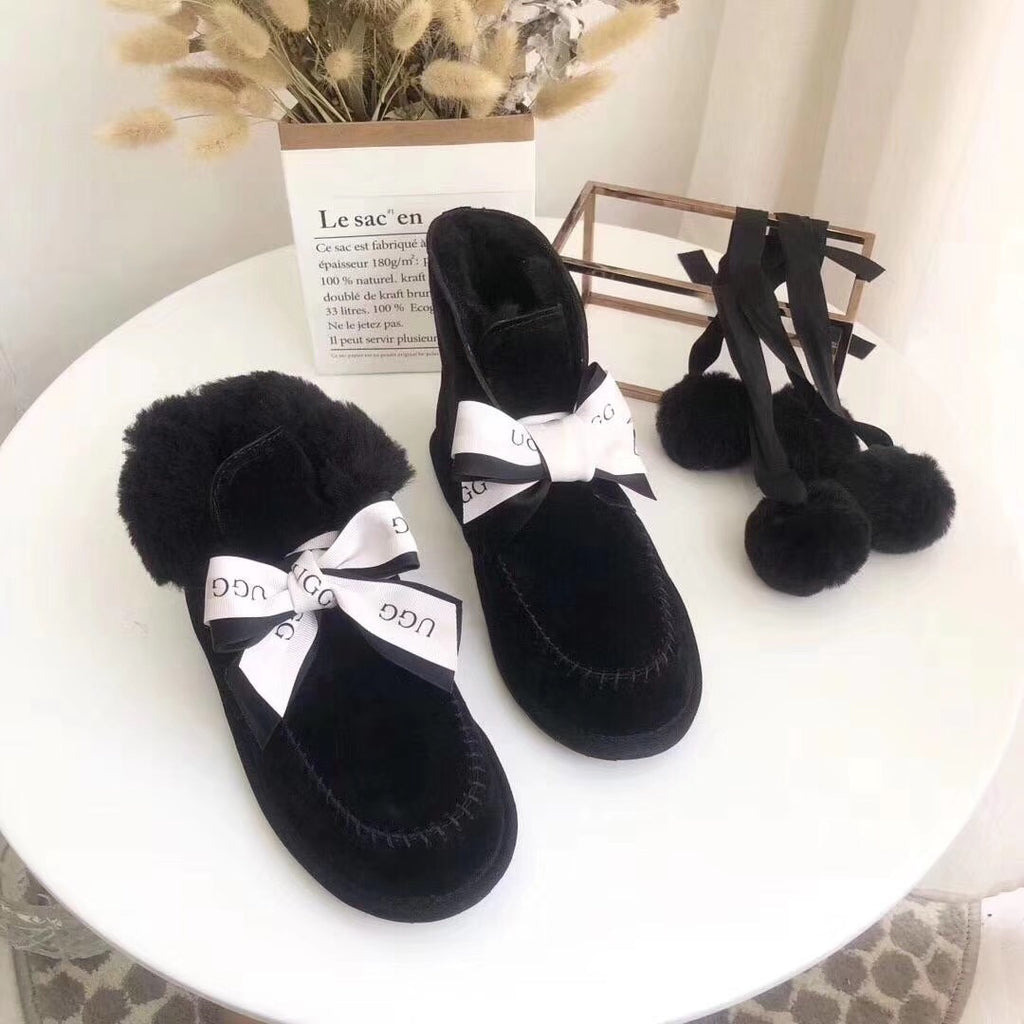 7541 New Pom-Pom Double Ribbon Shoes – 2-in-1 Style (Black)