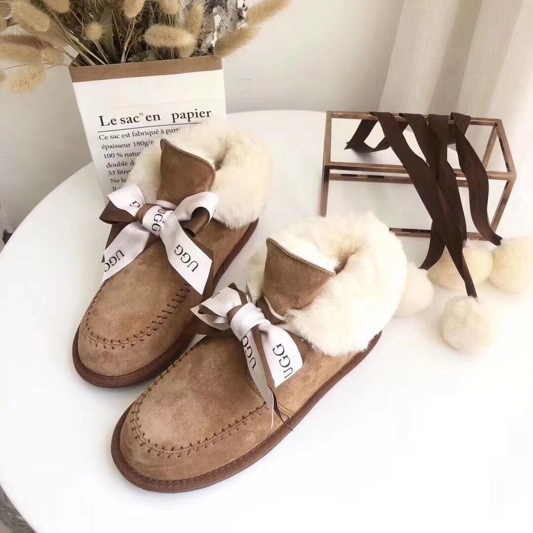 7541 New Pom-Pom Double Ribbon Shoes – 2-in-1 Style (Chestnut)