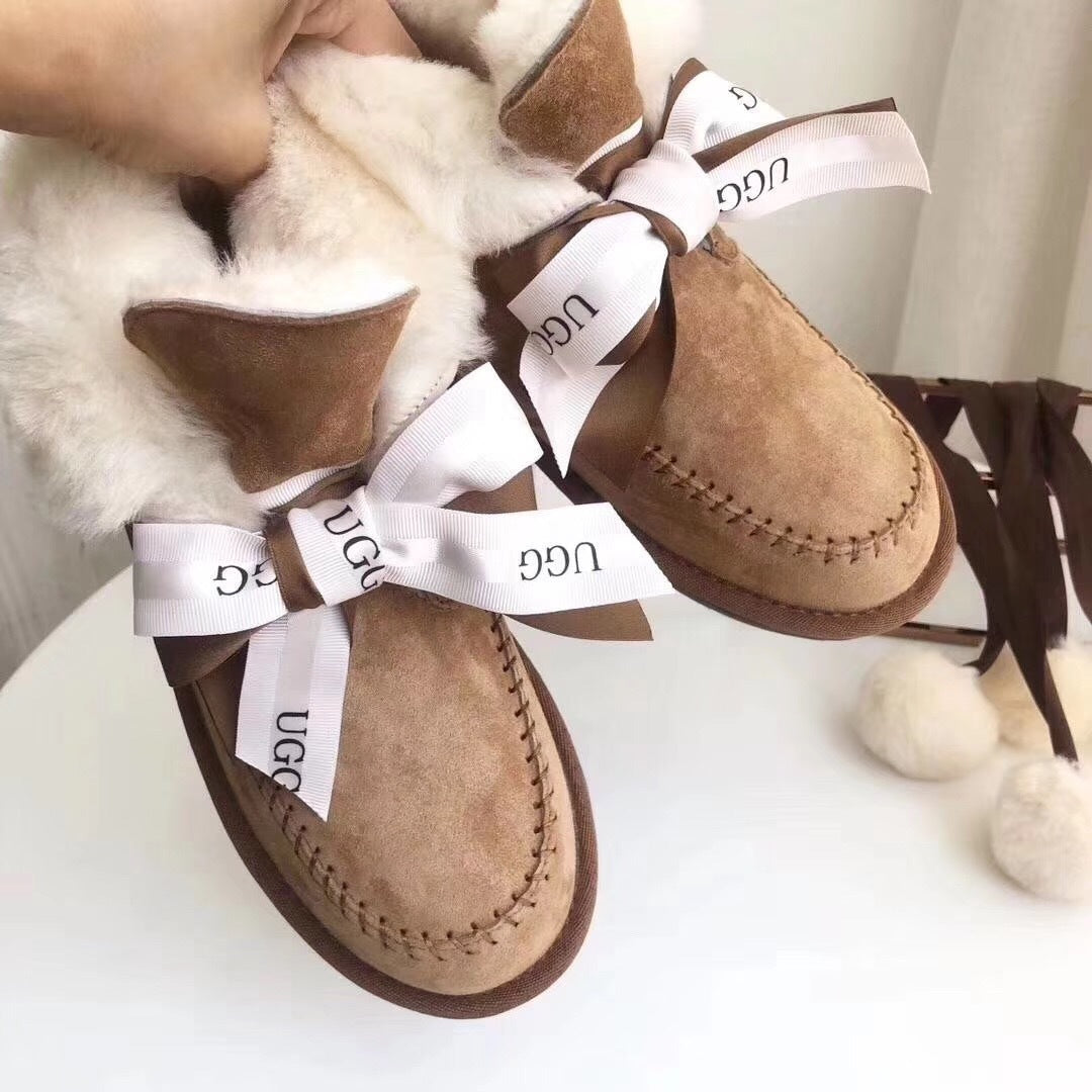7541 New Pom-Pom Double Ribbon Shoes – 2-in-1 Style (Chestnut)