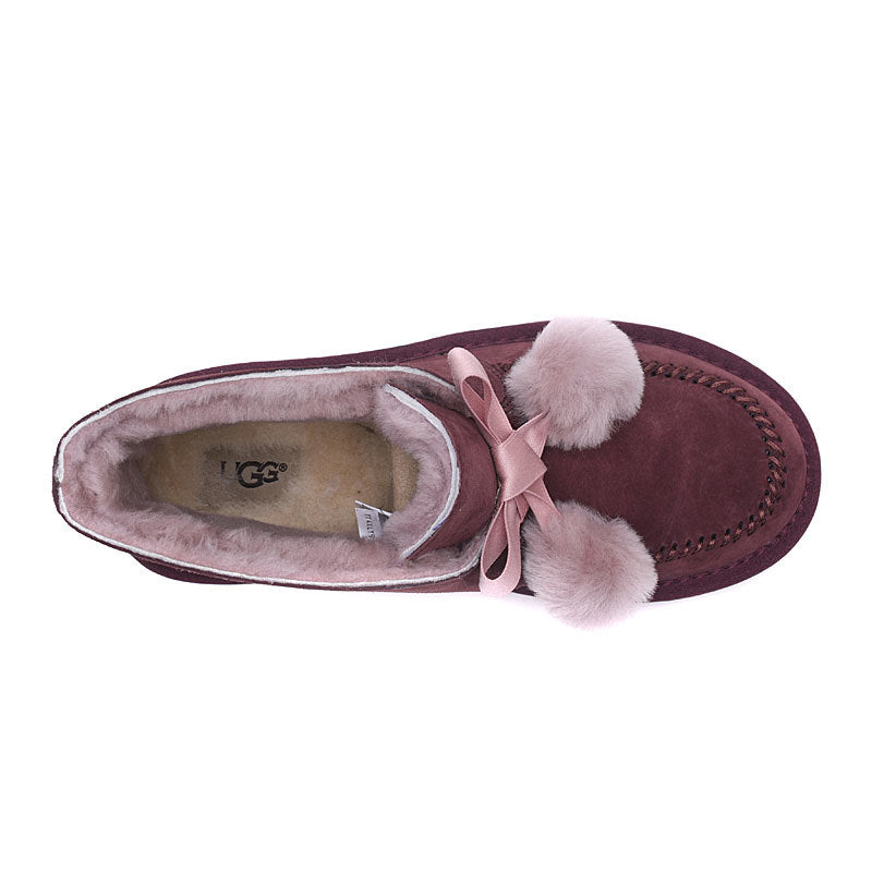 7541 New Pom-Pom Double Ribbon Shoes – 2-in-1 Style (Burgundy)