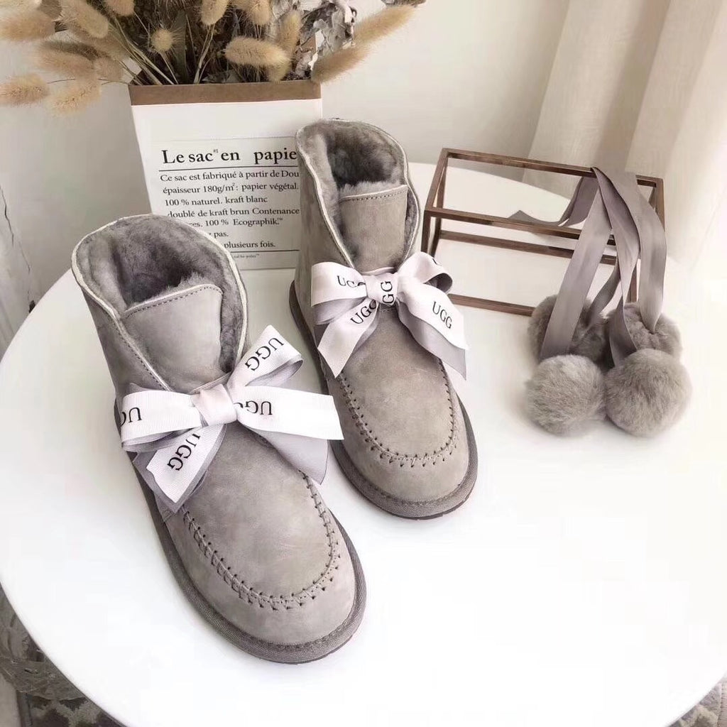 7541 New Pom-Pom Double Ribbon Shoes – 2-in-1 Style (Grey)