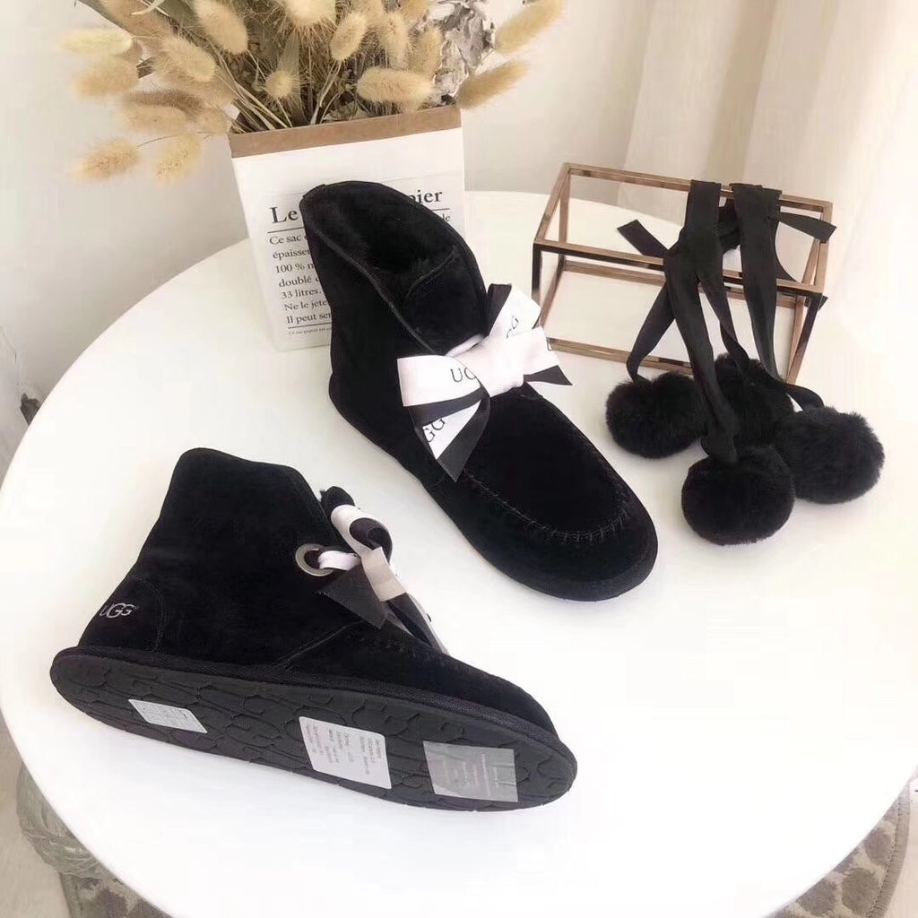 7541 New Pom-Pom Double Ribbon Shoes – 2-in-1 Style (Black)