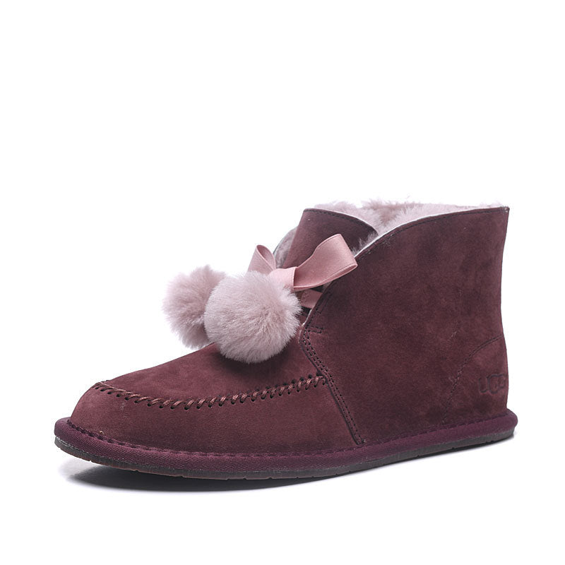 7541 New Pom-Pom Double Ribbon Shoes – 2-in-1 Style (Burgundy)
