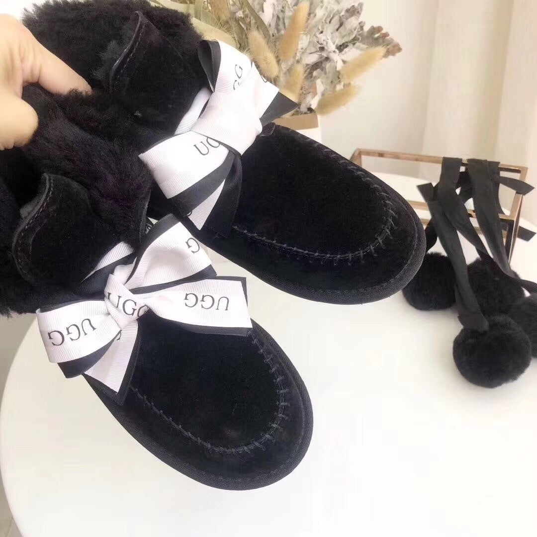 7541 New Pom-Pom Double Ribbon Shoes – 2-in-1 Style (Black)