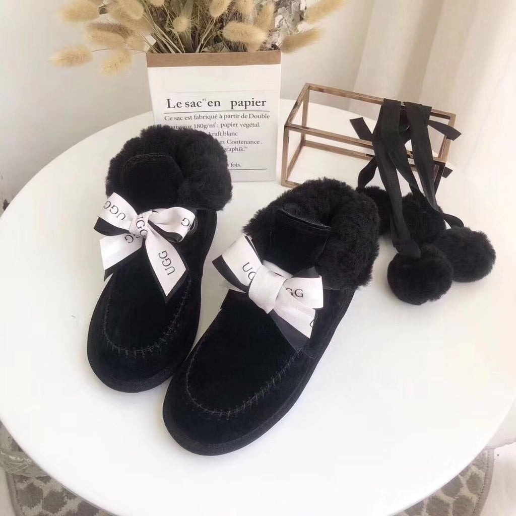 7541 New Pom-Pom Double Ribbon Shoes – 2-in-1 Style (Black)