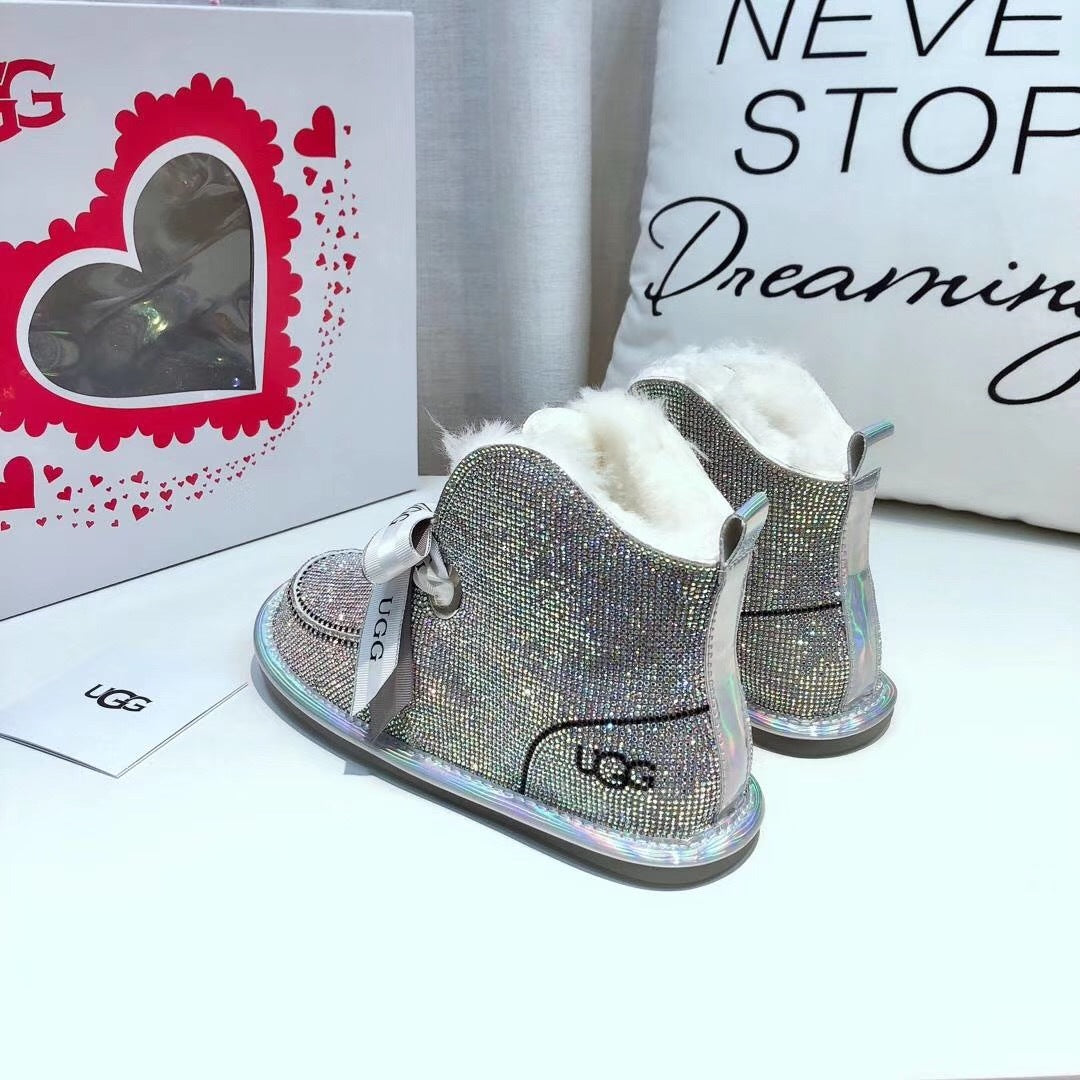 7589 Full Crystal Pom-Pom Ribbon 2-Way Boots – White Crystal (In Stock)