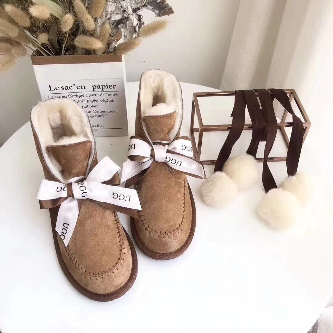 7541 New Pom-Pom Double Ribbon Shoes – 2-in-1 Style (Chestnut)