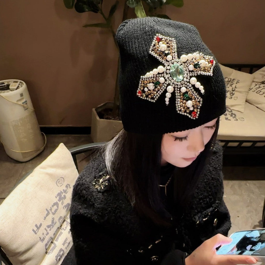 Rhinestone Cross Gem Knit Beanie Multi‑Style Streetwear Unisex