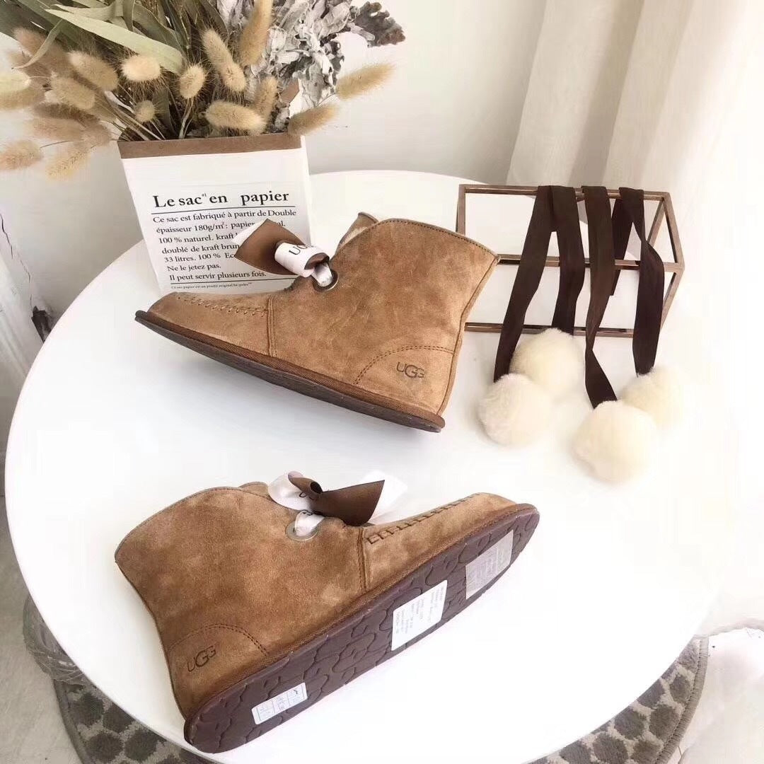 7541 New Pom-Pom Double Ribbon Shoes – 2-in-1 Style (Chestnut)