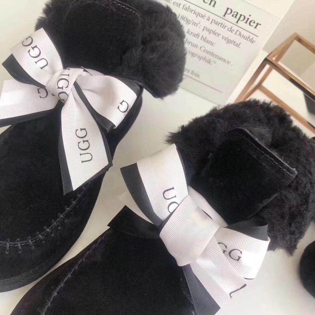 7541 New Pom-Pom Double Ribbon Shoes – 2-in-1 Style (Black)