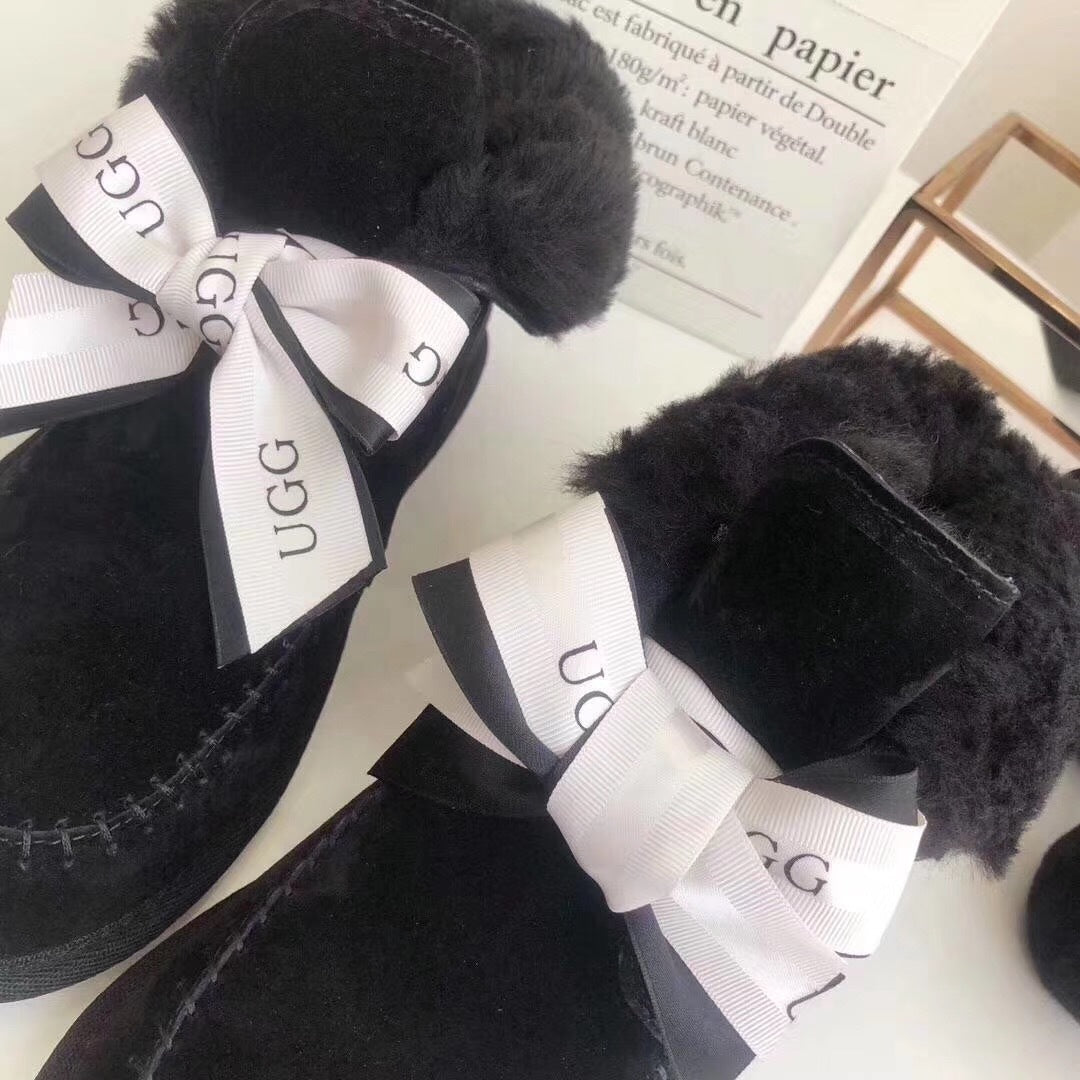 7541 New Pom-Pom Double Ribbon Shoes – 2-in-1 Style (Black)