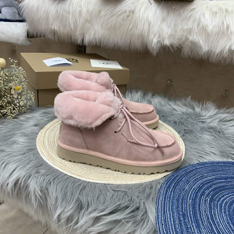 3090 Faux Fur Lace-Up Ankle Boots – Pink (In Stock)
