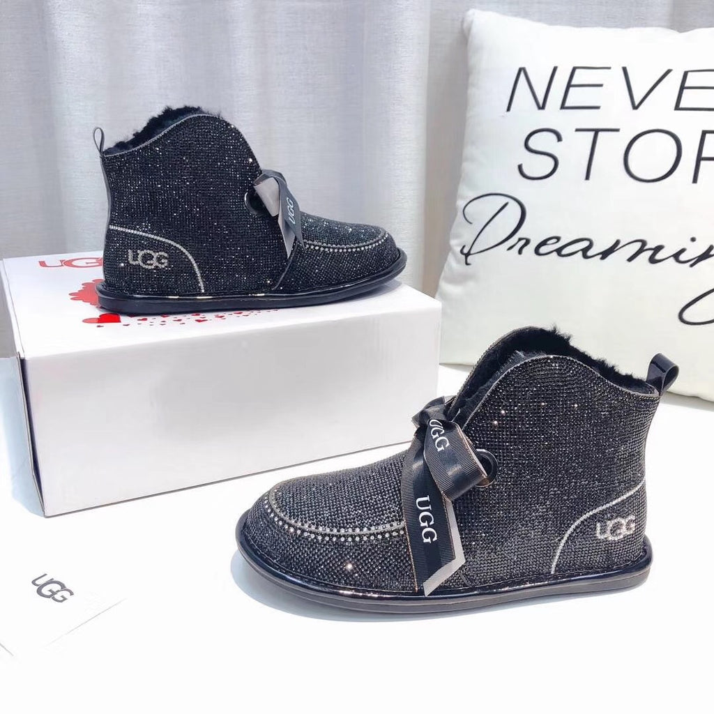 7589 Full Crystal Pom-Pom Ribbon 2-Way Boots – Black (In Stock)