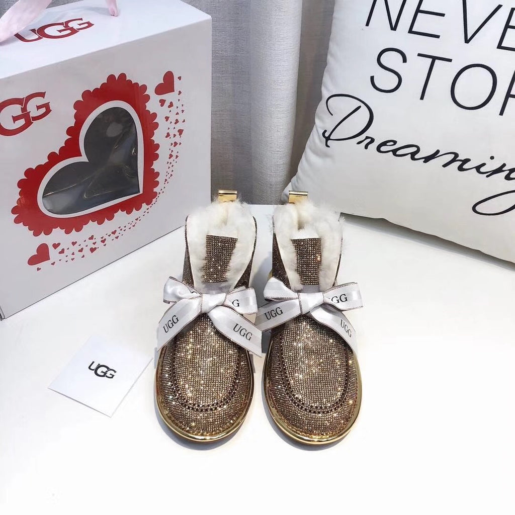 7589 Full Crystal Pom-Pom Ribbon 2-Way Boots – Gold (In Stock)