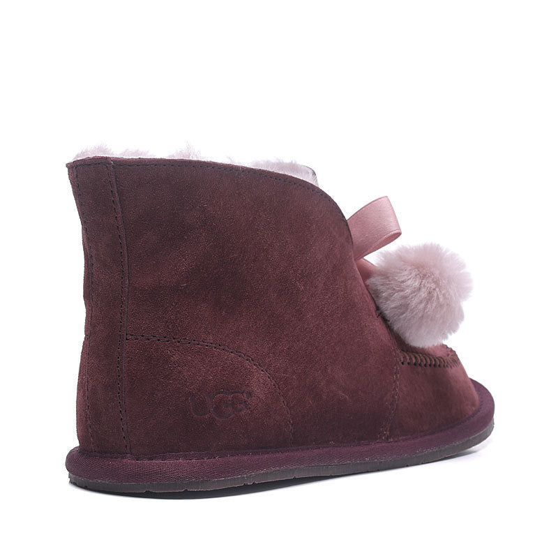 7541 New Pom-Pom Double Ribbon Shoes – 2-in-1 Style (Burgundy)