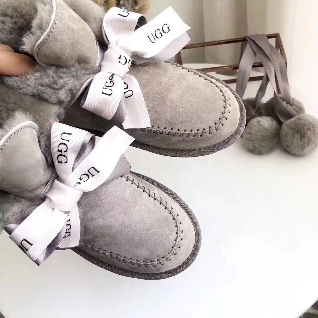 7541 New Pom-Pom Double Ribbon Shoes – 2-in-1 Style (Grey)