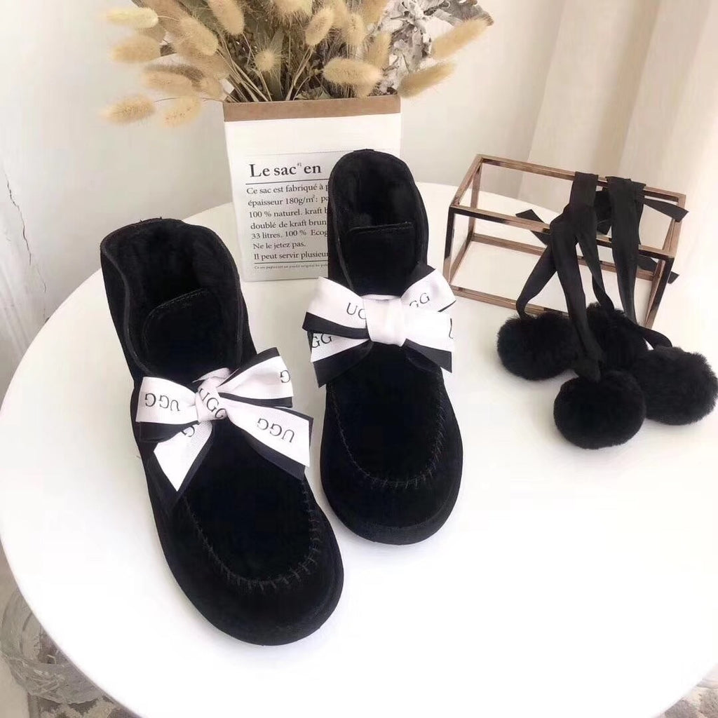 7541 New Pom-Pom Double Ribbon Shoes – 2-in-1 Style (Black)