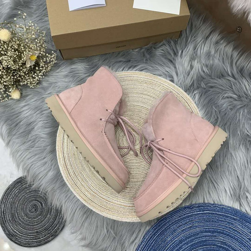 3090 Faux Fur Lace-Up Ankle Boots – Pink (In Stock)