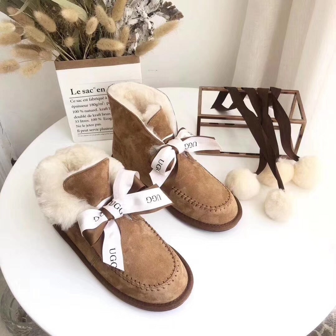 7541 New Pom-Pom Double Ribbon Shoes – 2-in-1 Style (Chestnut)