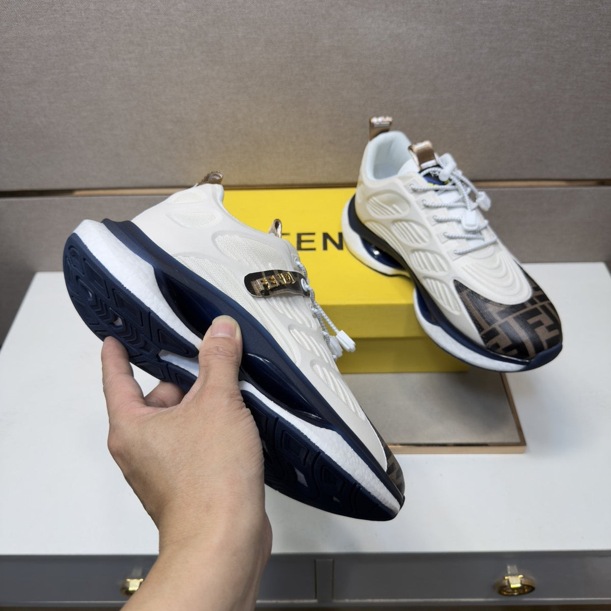 Fendi Men's Patterned Toe Low-Top Sneakers - Mixed-Material Upper With Mesh Lining