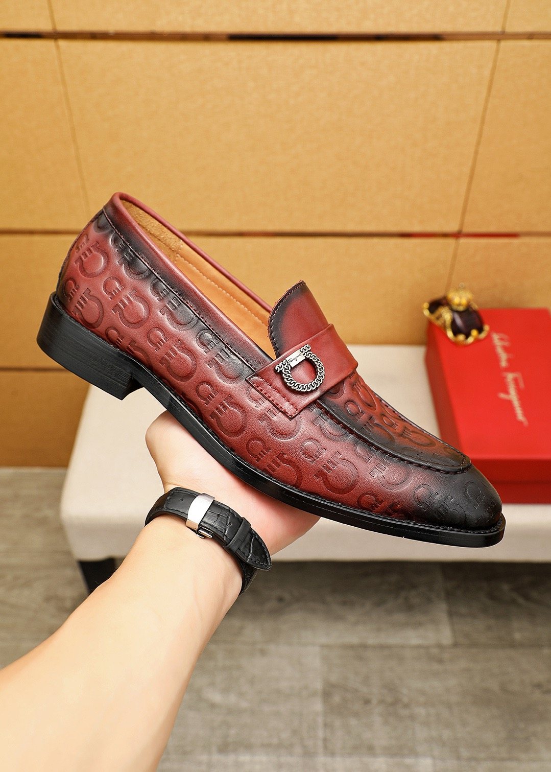 Ferragamo Men's Embossed Buckle Loafers